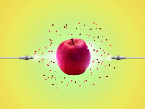 apple in the lab. image what something new food will create. - food stockfoto's en -beelden