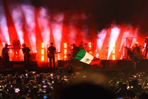 Argentine band Los Fabulosos Cadillacs performs during a free live concert at the Zocalo in Mexico City on June 3, 2023.