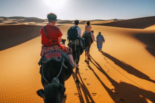 asian chinese tourists riding on dromedary camel train crossing sahara desert morocco led by tour guide herdsman during sunset - travel stockfoto's en -beelden
