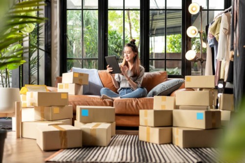asian female talking smartphone with client order keying with laptop small business e-commerce and online shopping, small & new business entrepreneurship online retail business, online influencer on social media concepts - fa