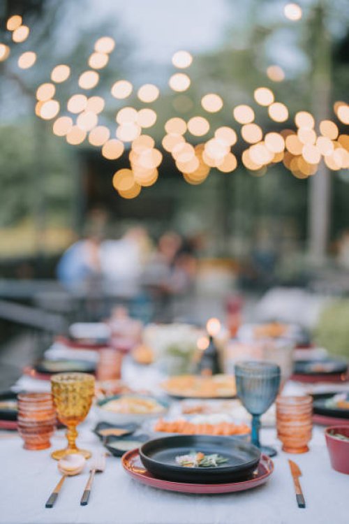 asian fusion food outdoor dining dinner table place setting - garden decoration stock pictures, royalty-free photos & images