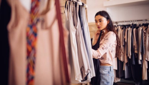 asian hipster woman shopping for clothes inside a clothing store - fashion stock pictures, royalty-free photos & images