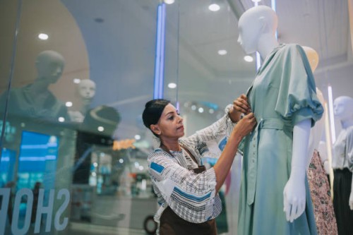 asian indian women display artist dressing up mannequin in store window display at womenswear clothing store - fashion stock pictures, royalty-free photos & images