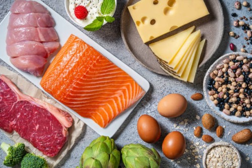 assorted healthy protein source food good for body building: fish, meat, cheese, beans, eggs. - food stock pictures, royalty-free photos & images