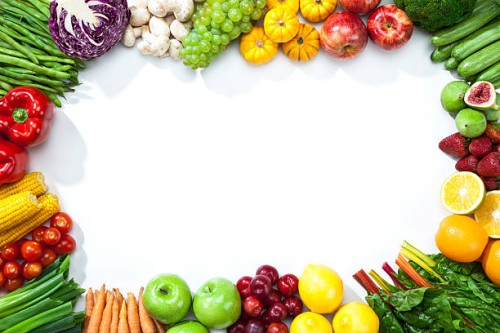 assortment of fruits and vegetables disposed on a frame shape - food stock pictures, royalty-free photos & images