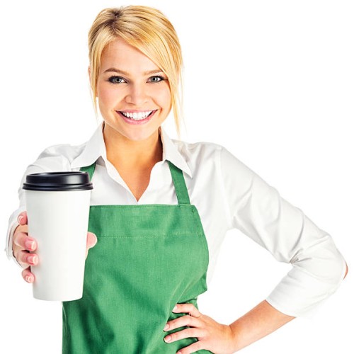 attractive young barista with coffee to go - junk food stock pictures, royalty-free photos & images