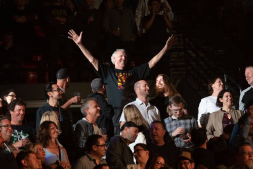 Audience member and former NBA star Bill Walton is introduced during Pearl Jam's performance live at Viejas Arena at San Diego State University on...