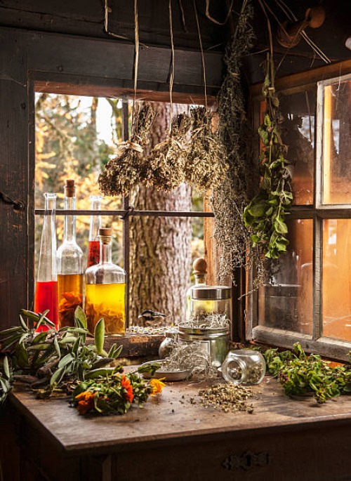 austria, salzburg country, various herbal oils and herbs in old hut - home decoration stock pictures, royalty-free photos & images