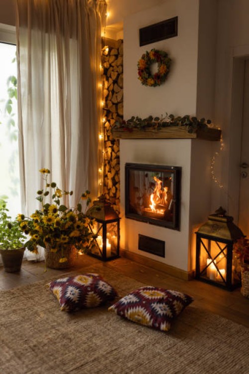 autumn arranged cottage - home decoration stockfoto's en -beelden