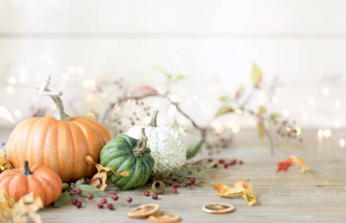 autumn pumpkins arrangement against an old wood background - home decoration stockfoto's en -beelden
