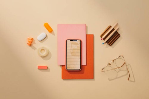 back to school: a neat flat lay minimalistic still life composition of school supplies (books, sticky notes, pens, technology) - fashion stock pictures, royalty-free photos & images