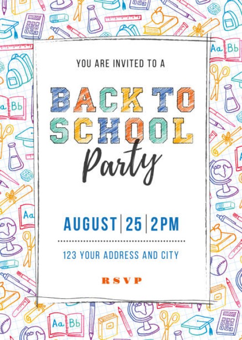 back to school party invitation template - junk food stock illustrations