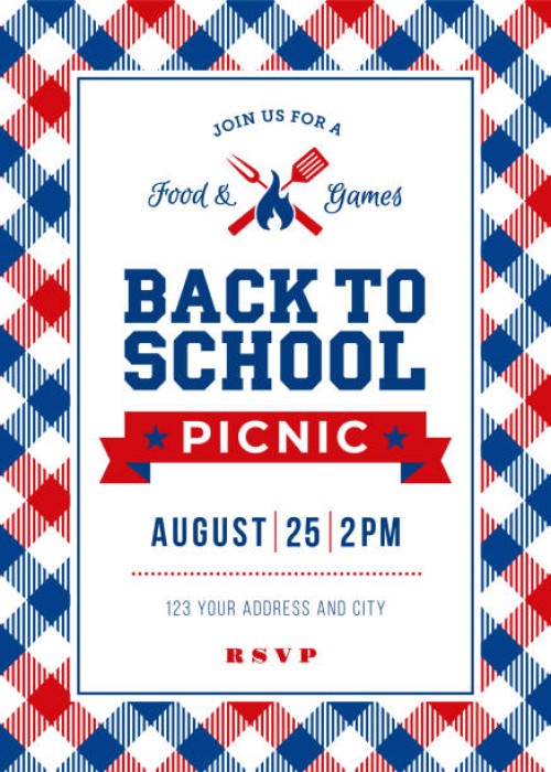 back to school picnic invitation template - junk food stock illustrations