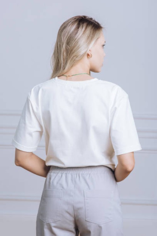 back view woman in white t-shirt and pants portrait close up catalog of clothes for sale - fashion stock pictures, royalty-free photos & images