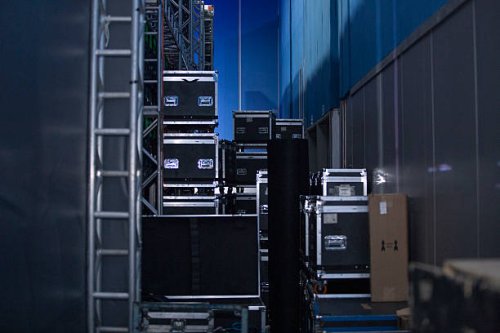 backstage, trusses, and stacked organizer boxes - concert stock pictures, royalty-free photos & images