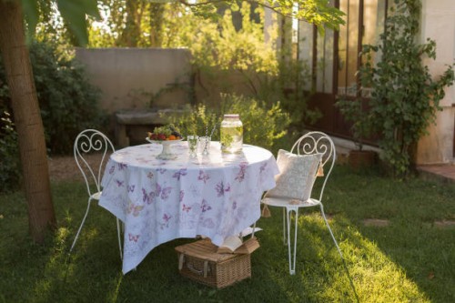 backyard dining table with lemonade and fruits in the garden - garden decoration photos et images de collection