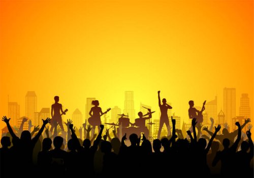 band and crowd silhouette (each person is complete, clipping paths hide the legs) - concert stock illustrations
