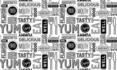 bar or restaurant seamless pattern background with typography and dining elements - food stock illustrations