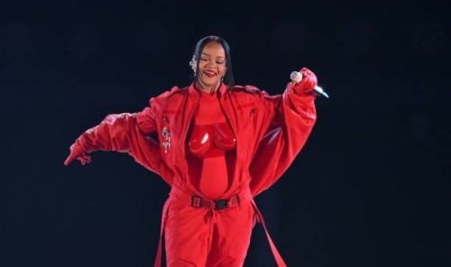 Barbadian singer Rihanna performs during the halftime show of Super Bowl LVII between the Kansas City Chiefs and the Philadelphia Eagles at State...