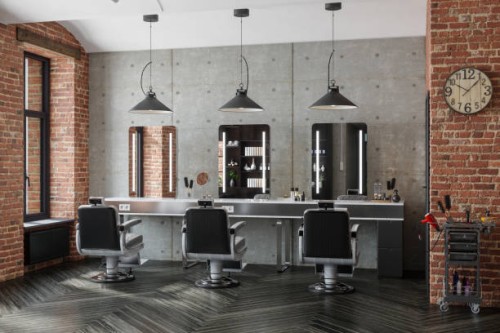 barber shop with mirrors, chairs, pendant lights and brick wall - home decoration stock pictures, royalty-free photos & images