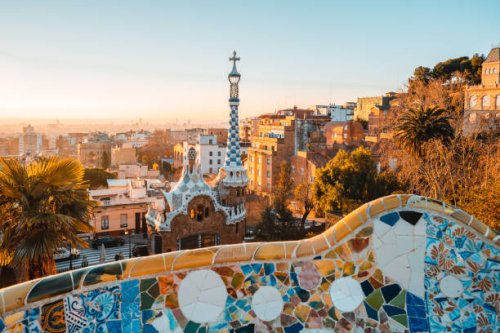barcelona at sunrise viewed from park guell, barcelona, catalonia, spain. - garden decoration stock pictures, royalty-free photos & images
