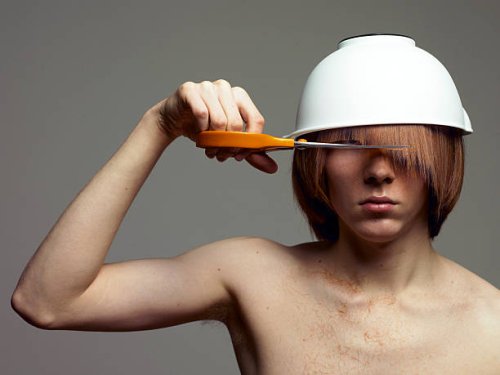 bare-chested man with bowl on head cutting fringe - hairstyle stock pictures, royalty-free photos & images