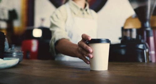 barista, hands and coffee shop for pos, customer service, waitress and commerce or hospitality industry. cashier, tea or person with latte order at point of sale for small business cafe or restaurant - coffee stockfoto's en -