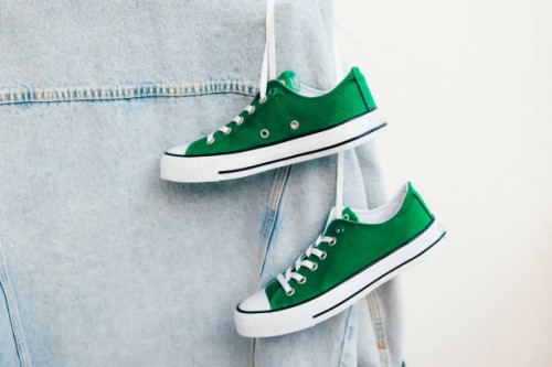 basic clothes stylish outfit. denim jacket and sneakers ready to wear. - fashion stock pictures, royalty-free photos & images