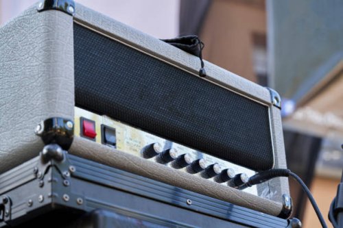 bass guitar amplifier backstage detail of sound volume controls in vintage style - concert stock pictures, royalty-free photos & images