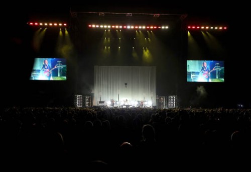 Bassist/keyboardist Sam Kiszka, singer Josh Kiszka, drummer Danny Wagner and guitarist Jake Kiszka of Greta Van Fleet perform at Allegiant Stadium on...