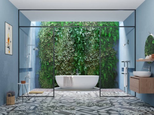bathroom with vertical garden - garden decoration stock pictures, royalty-free photos & images