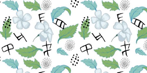beach cheerful seamless pattern wallpaper of tropical dark green leaves of palm trees and flowers bird of paradise (strelitzia) plumeria on a light yellow background - garden decoration stock illustrations