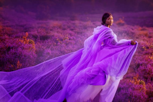 beautiful black female fantasy princess in a rural heather fairytale setting - fashion stock pictures, royalty-free photos & images