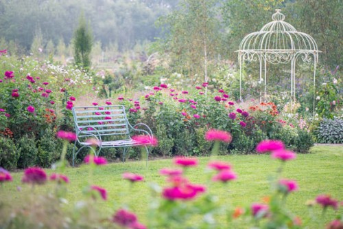 beautiful english summer cottage garden with colourful flowers, wrought iron seat and pergola, in soft sunshine - garden decoration photos et images de collection
