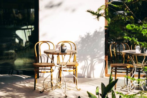 beautiful exterior cafe in a sunny day - garden decoration stock pictures, royalty-free photos & images