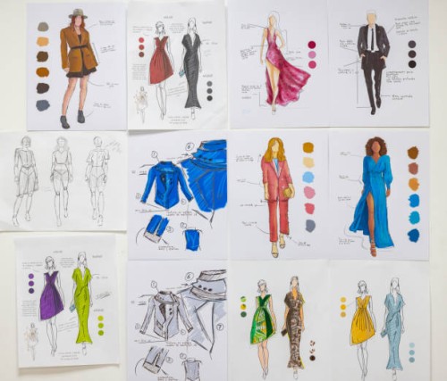 beautiful fashion sketches at an atelier - fashion stock pictures, royalty-free photos & images