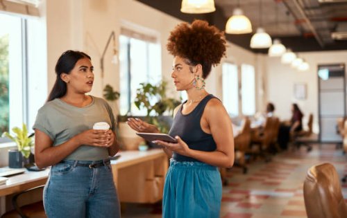 beautiful mixed race creative business woman chatting with a female colleague. two young female african american designers talking in the office. meeting to discuss and develop a strategy for success - junk food stock picture