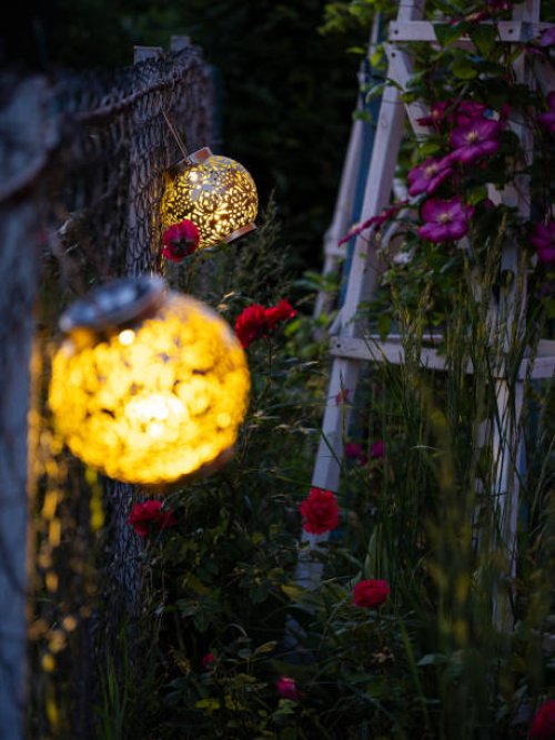 beautiful round garden lanterns with carved floral patterns hang on a fence in an evening garden among flowering plants and glow with yellow light - garden decoration stock pictures, royalty-free photos & images