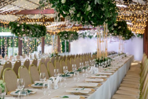 beautiful terrace decorated with floral garlands with candles - garden decoration stock pictures, royalty-free photos & images