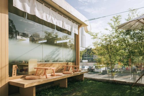 beautiful terrace in japanese style exterior design with japaneses coffee table set on tatami cushion - garden decoration stock pictures, royalty-free photos & images