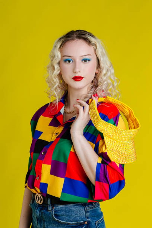 beautiful woman wearing colorful shirt - fashion stock pictures, royalty-free photos & images