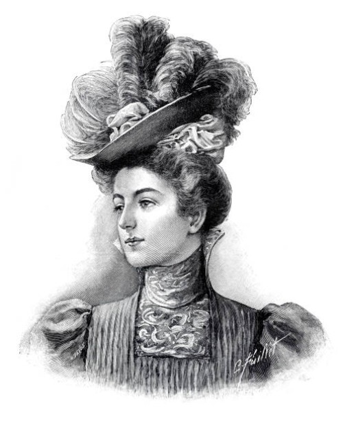 beautiful young woman with voluptuous flower hat illustration 1897 - fashion stock illustrations