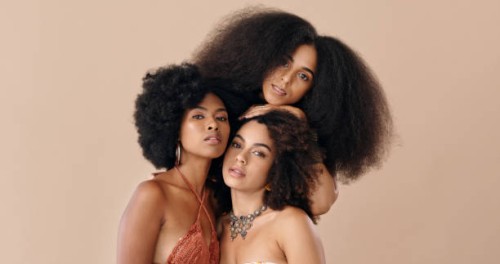 beauty, fashion and diversity, black women with afro together, model girls with curly hair style in solidarity. friends, empowerment and glamour, luxury studio portrait of beautiful african feminism - fashion stock pictures,