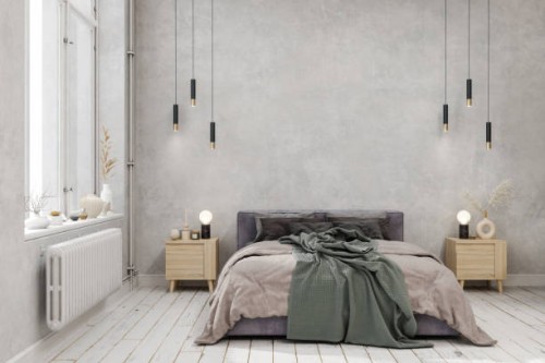 bedroom interior with green blanket on the bed, pendant lights, parquet floor and gray color wall background - home decoration stock pictures, royalty-free photos & images