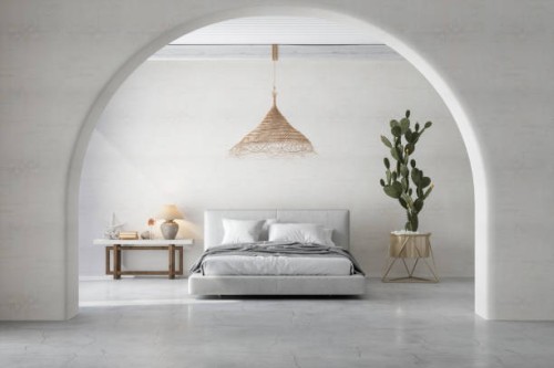 bedroom interior with messy bed, side table and cactus plant. - home decoration stockfoto's en -beelden