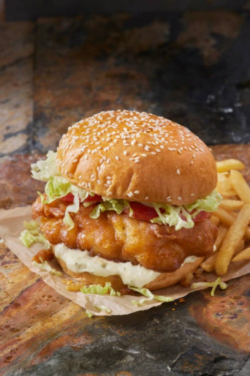 beer battered fish burger with fries - junk food stock pictures, royalty-free photos & images