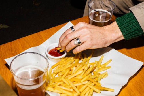 beers and french fries - fashion stock pictures, royalty-free photos & images