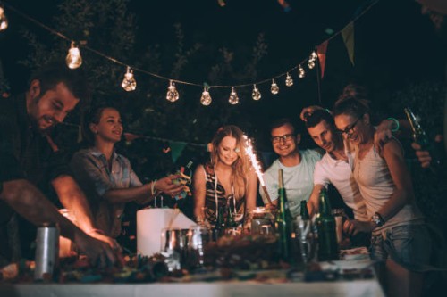 best friends on a party - garden decoration stock pictures, royalty-free photos & images