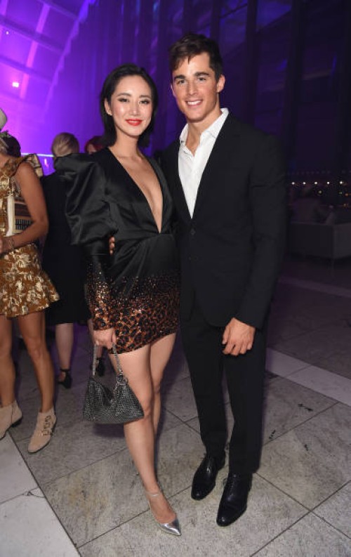 Betty Bachz and Pietro Boselli attend the BVLGARI MAN WOOD ESSENCE event at Sky Garden on July 10, 2018 in London, England.