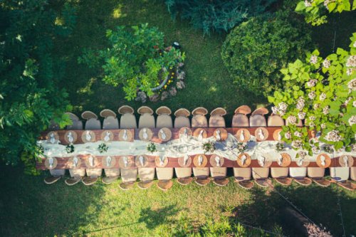 big wedding dinner table in backyard view from above - garden decoration stock pictures, royalty-free photos & images
